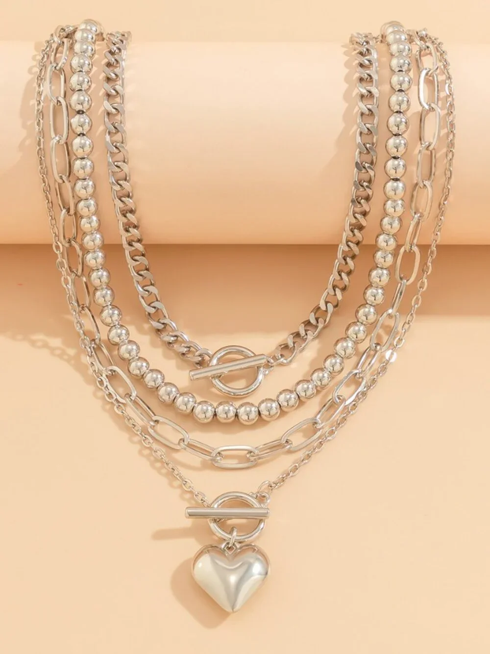 Multi Layer Toggle Clasp Chain Necklace Heart Pendant Ball Bead Paperclip Stacka
